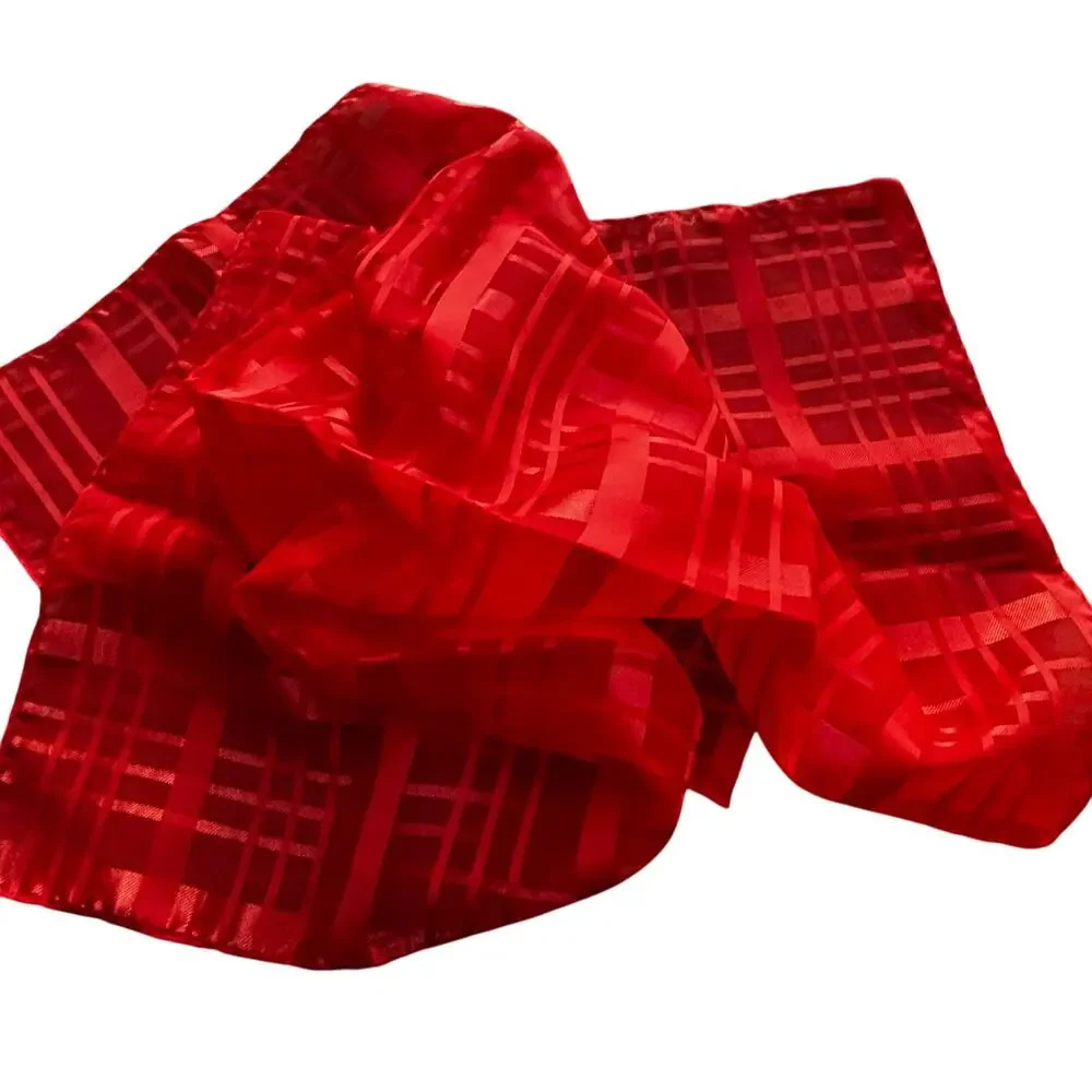 Silky red plaid burnout scarf neckerchief square Morsly New York made in Japan